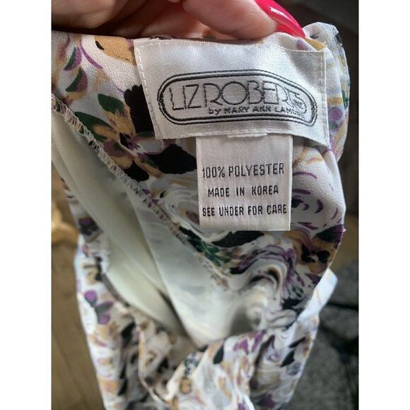 Vtg Liz Roberts Floral Chiffon Dress 14 16 Drop Waist 80s Short Sleeve Easter - Picture 9 of 11